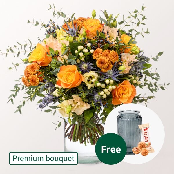 Premium-Blumenstrauß „Ode an den Herbst“ mit Premium-Vase &amp; Ferrero Raffaello