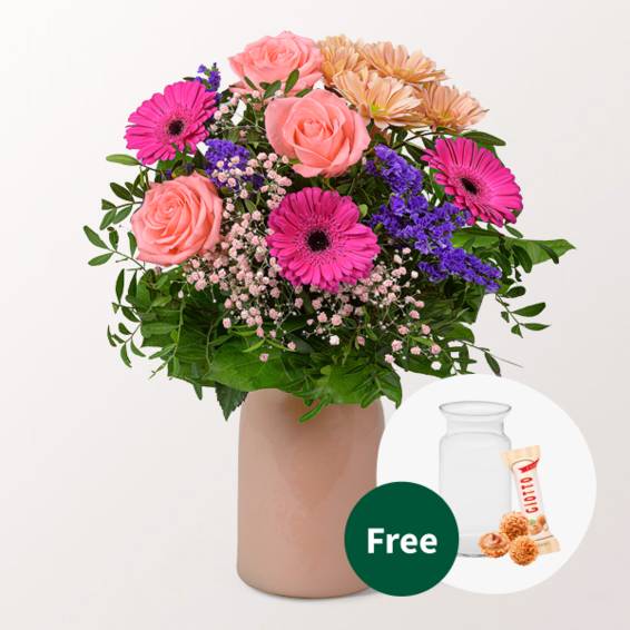 Blumenstrauß Frühlingsfreude mit Vase & 3 Ferrero Giotto