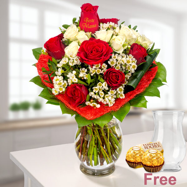 Blumenstrauß Mama mit Vase und 2 Ferrero Rocher