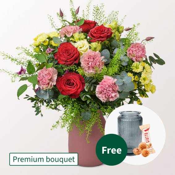 Premium-Blumenstrauß Herzensfreude mit Premium-Vase & 3 Ferrero Giotto