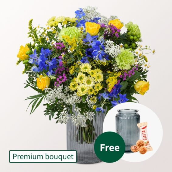Premium-Bouquet Märzengarten mit Premium-Vase & 3 Ferrero Giotto