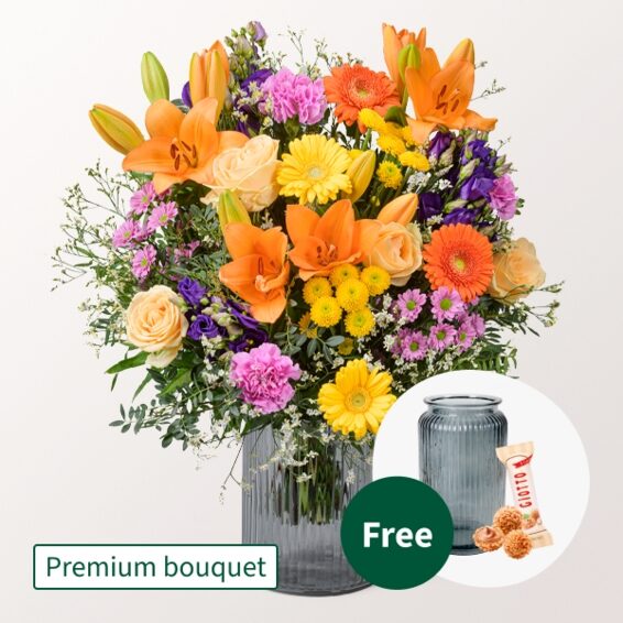 Premium-Strauß Sonnengluck mit Premium-Vase & 3 Ferrero Giotto