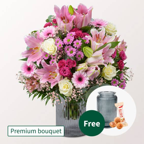 Inspiration für einen Premium-Strauß mit Premium-Vase und 3 Ferrero Giotto