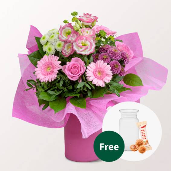Blumenstrauß „Liebesvibration“ mit Vase und 3 Ferrero Giotto
