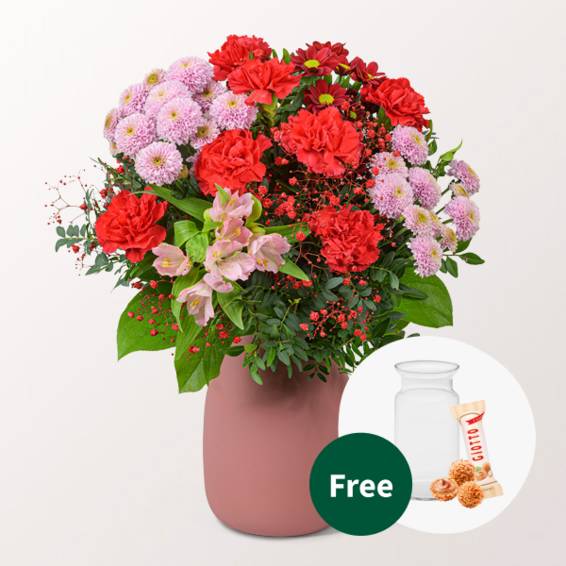 Blumenstrauß „Für immer“ mit Vase und 3 Ferrero Giotto