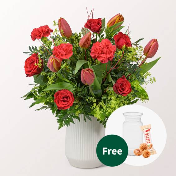 Samtblumenstrauß mit Vase und 3 Ferrero Giotto