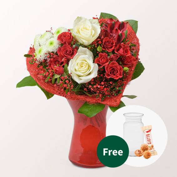 Blumenstrauß Liebesbeweis mit Vase & 3 Ferrero Giotto