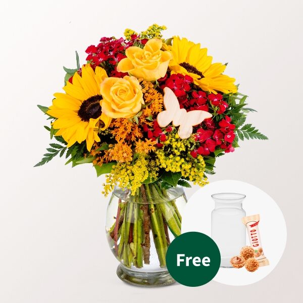Blumenstrauß Mamas Lacheln Mit Vase und Ferrero Yogurette