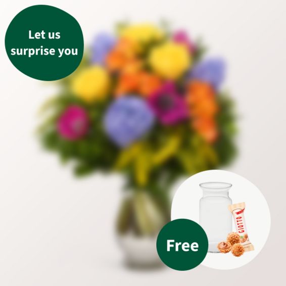 Überraschungs-Blumenstrauß mit Vase & 3 Ferrero Giotto