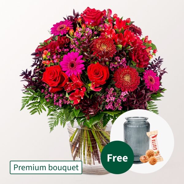 Premium Bouquet Abendsonne mit Premium Vase &amp; Ferrero Raffaello