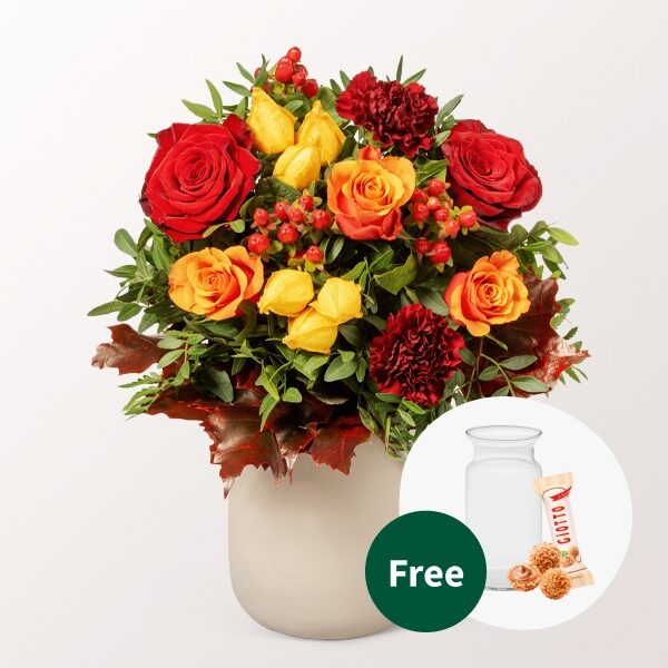 Blumenstrauß Blutengold mit Vase &amp; Ferrero Raffaello