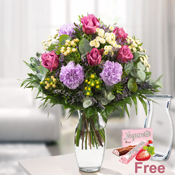 Blumenstrauß Zarte Grã¼Ãÿe Mit Vase und Ferrero Yogurette