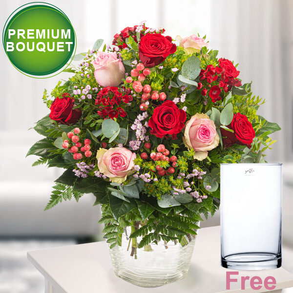 Premium Bouquet Feuerwerk Mit Premium Vase und Ferrero Yogurette