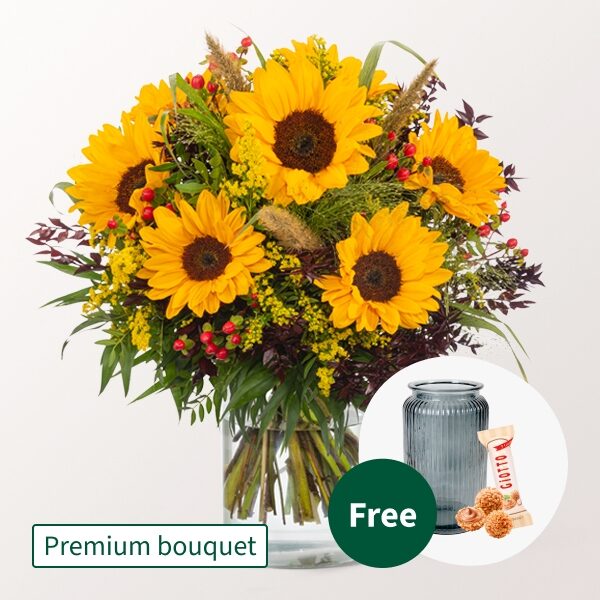 Premium Bouquet Herbstlicht mit Premium Vase &amp; Ferrero Raffaello