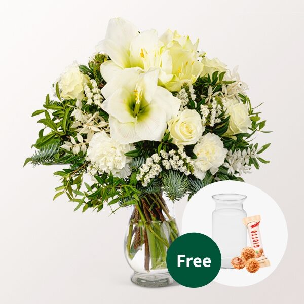 Blumenstrauß Winterfreude mit Vase &amp; 2 Ferrero Rocher