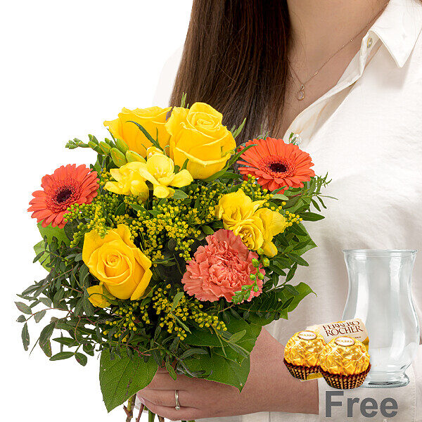 Blumenstrauß Sonnenschein mit Vase &amp; 2 Ferrero Rocher &amp; Glãœck Marmelade Himbeere