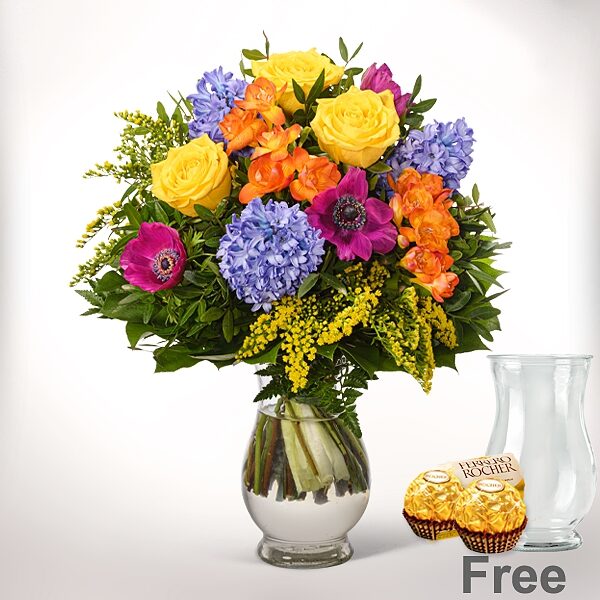 Blumenstrauß Farbenfreude mit Vase &amp; 2 Ferrero Rocher