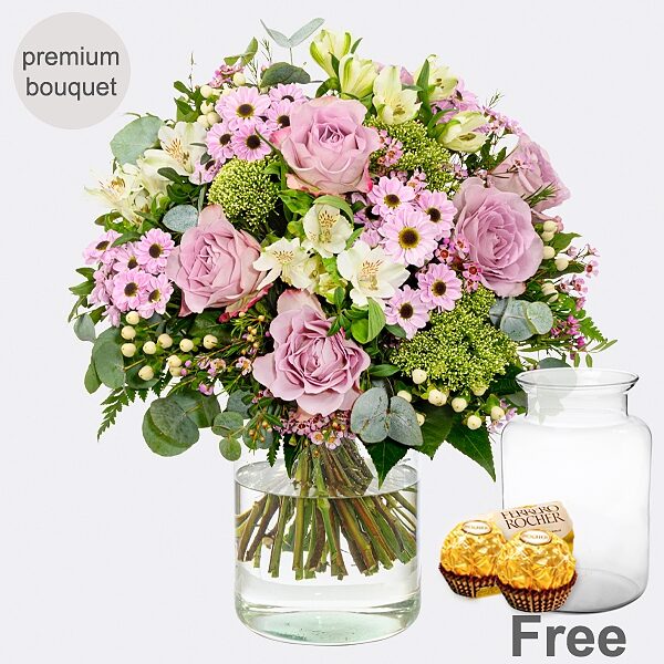 Premium Bouquet Von Herzen mit Premium Vase &amp; 2 Ferrero Rocher
