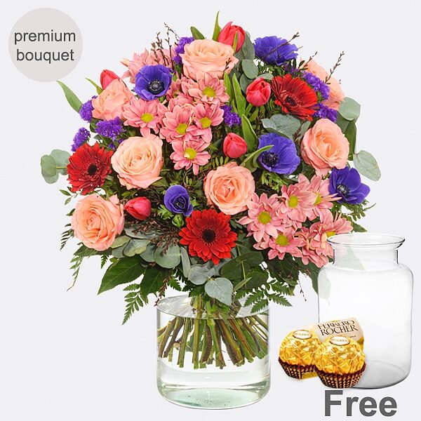 Premium Bouquet Poesie mit Premium Vase &amp; 2 Ferrero Rocher