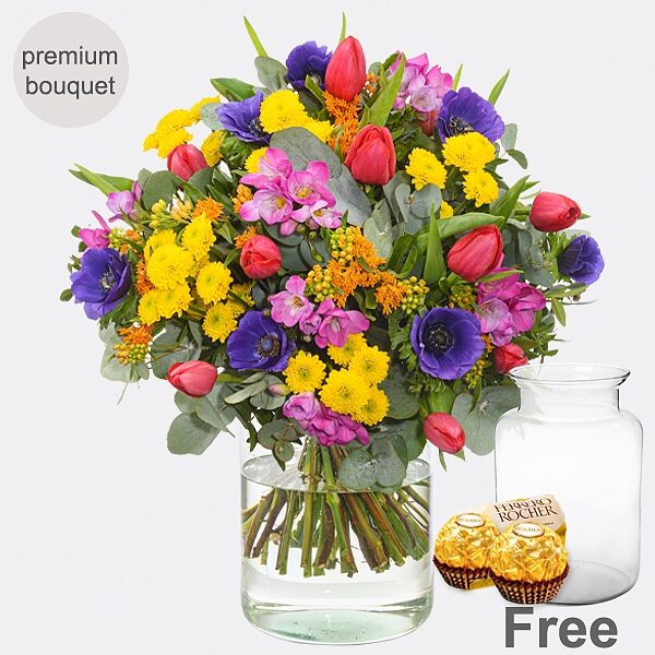 Premium Bouquet Lebensfreude mit Premium Vase &amp; 2 Ferrero Rocher