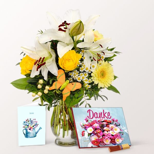 Dankeschön-Set mit Blumenstrauß, Grußkarte &amp; mit Vase &amp; Merci