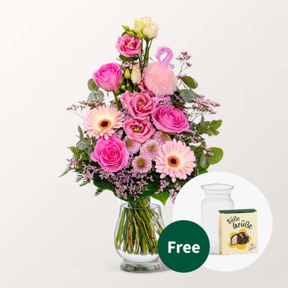 Blumenstrauß „Rosa Himmel“ mit Halloweenkugeln und Vase