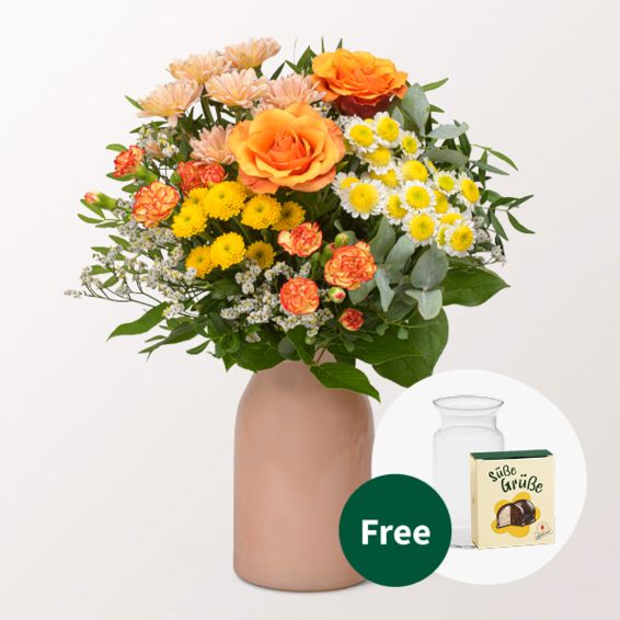 Blumenstrauß Sonnenfreude mit Halloweenkugeln und Vase
