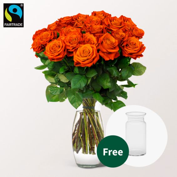 Orangefarbene Fairtrade-Rosen im Strauß mit Vase (20 Rosen)