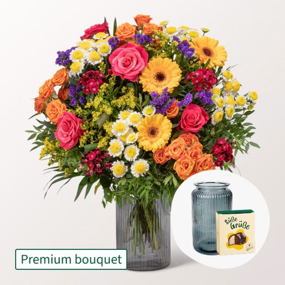 Premium-Blumenstrauß Meisterwerk mit Premium-Vase und Halloren-Kugeln