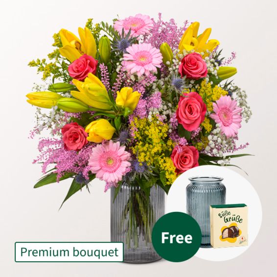 Premium Bouquet Farbenspiel mit Premium Vase & Hallorenkugeln