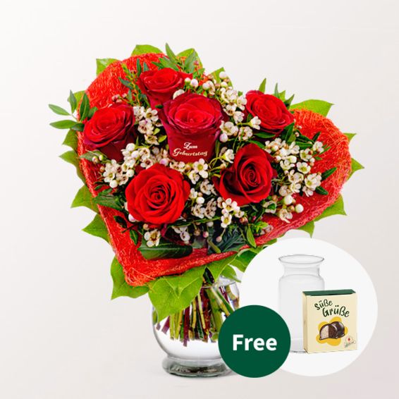 Rosenstrauß „Zum Geburtstag“ mit Hallorenkugeln & Vase