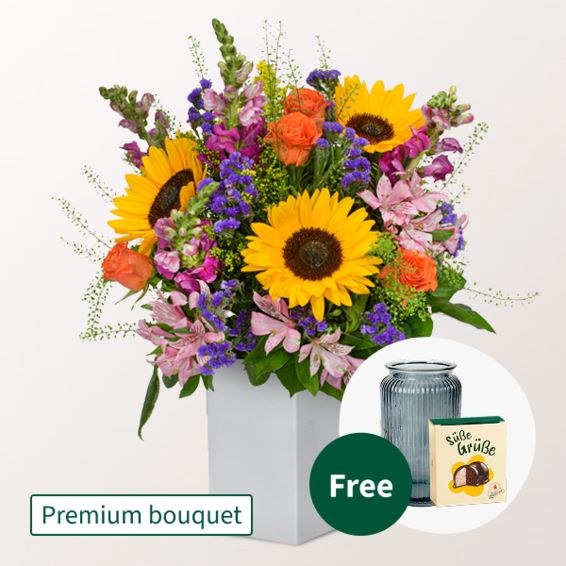 Premium-Blumenstrauß Große Freude mit Premium-Vase & Halloren-Kugeln