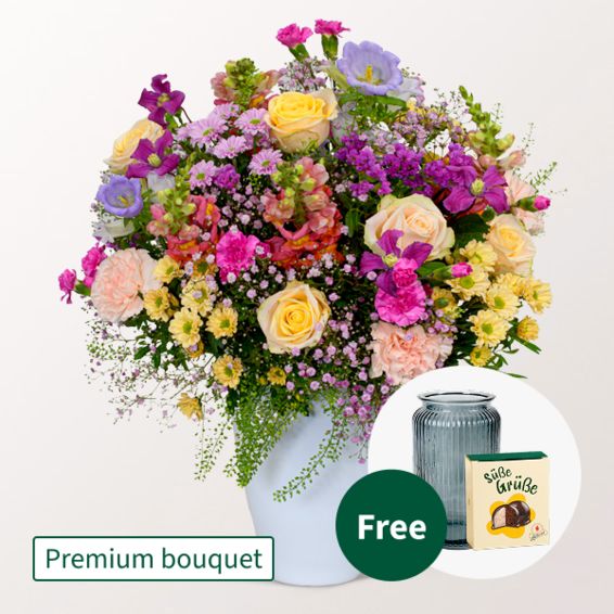 Premium-Strauß Märzengarten mit Premium-Vase und Halloween-Kugeln