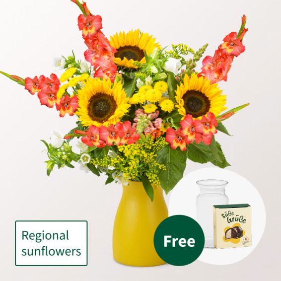 Blumenstrauß Sonnenstrahl mit Hallorenkugeln & Vase