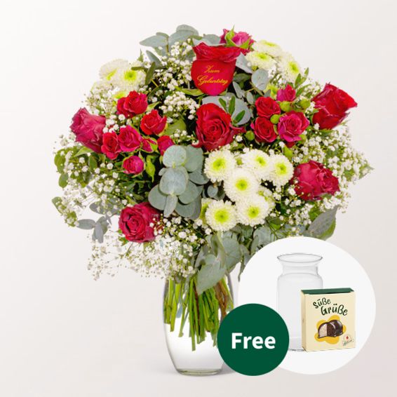 Blumenstrauß „Zum Geburtstag“ mit Hallorenkugeln & Vase