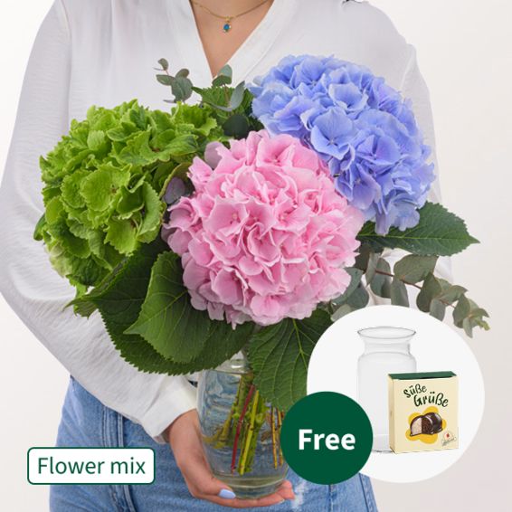Traumhafte Hortensie mit Eukalyptus, Hallournenkugeln und Vase