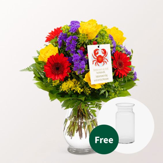Sternzeichen-Blumenstrauß Krebs mit Sternzeichen-Blumenkarte und Vase