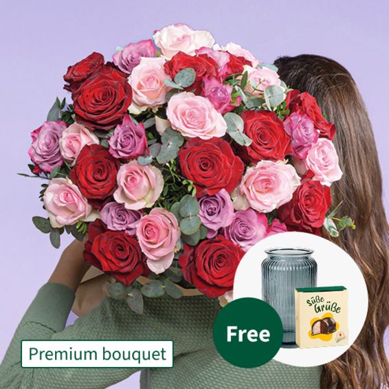 Premium-Strauß Lieblingsmensch mit Premium-Vase & Halloren-Kugeln