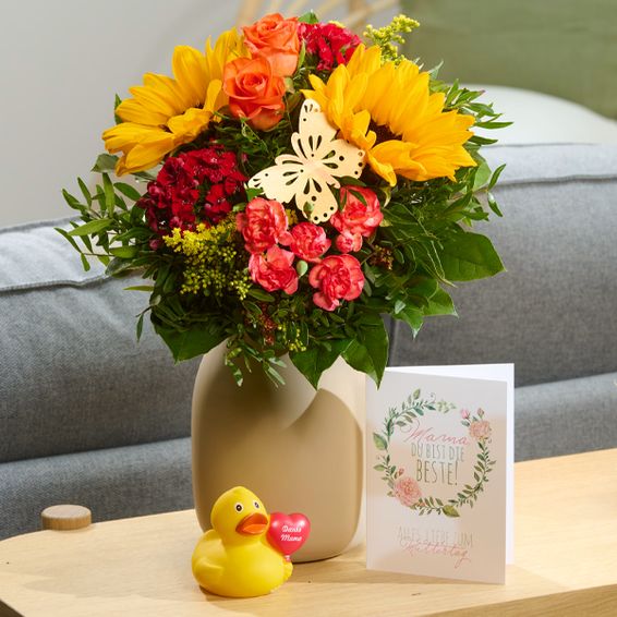 Blumenstrauß Sommergefüßel mit Quietschender Ente und Vase