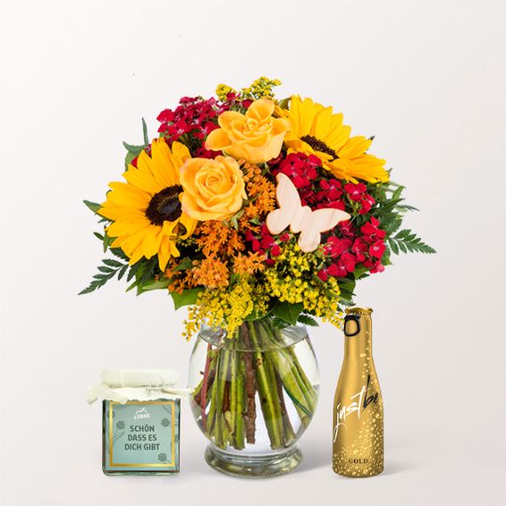 Blumenstrauß Sommergefüll mit „Just Be“ Goldwein, Erdbeermarmelade und Vase