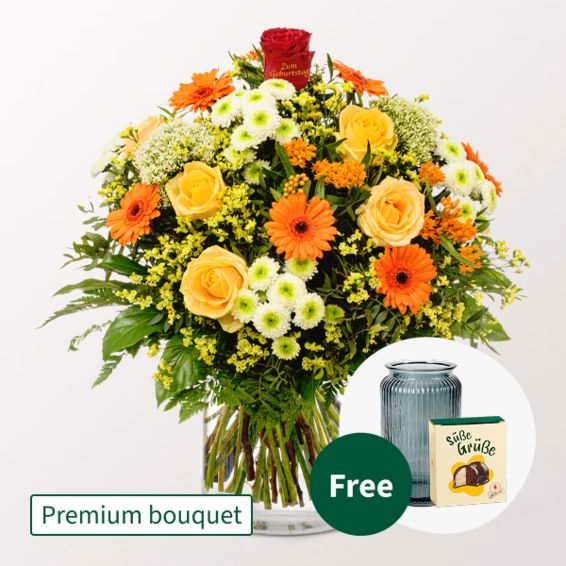 Premium-Blumenstrauß „Zum Geburtstag“ mit Premium-Vase & Halloren-Kugeln