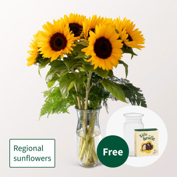 Strauß aus 7 Sonnenblumen mit Halloween-Kugeln und Vase