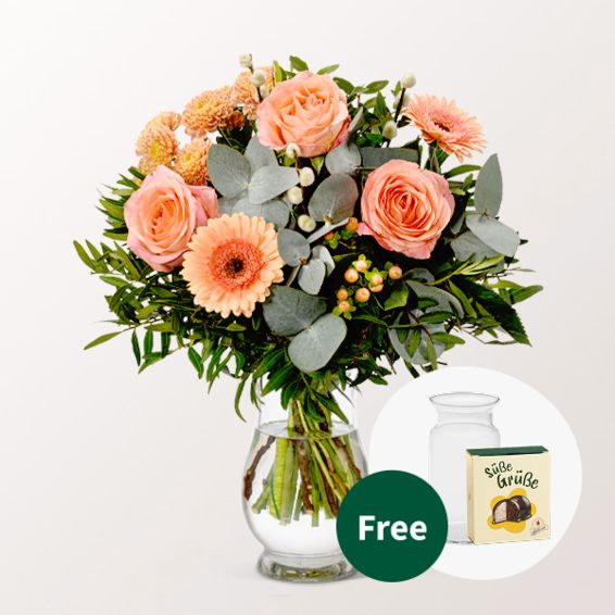 Blumenstrauß Morgentau mit Halloweenkugeln und Vase