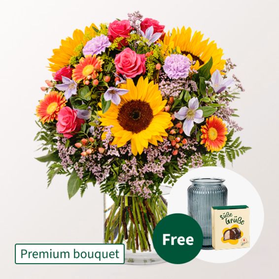 Premium-Strauß Farbenfreude mit Premium-Vase & Halloren-Kugeln