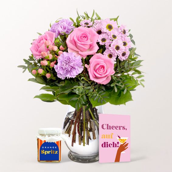 Blumenstrauß Freude mit Grußkarte, Orangen-Sprühcreme und Vase