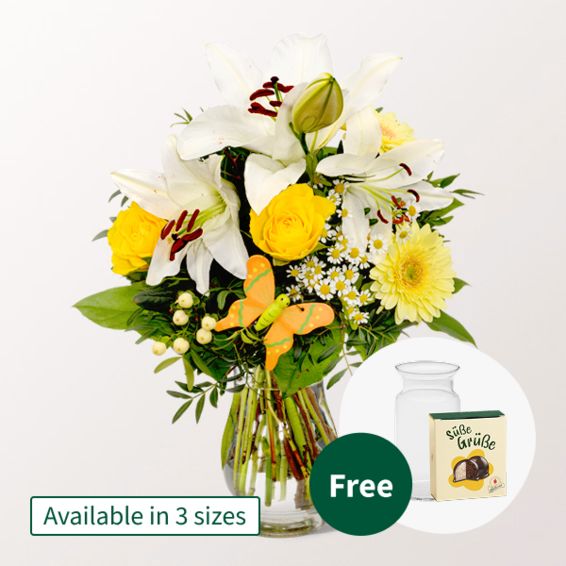 Blumenstrauß Sonnengelb mit Halloweenkugeln & Vase (Klassisch, 13 Stiele)