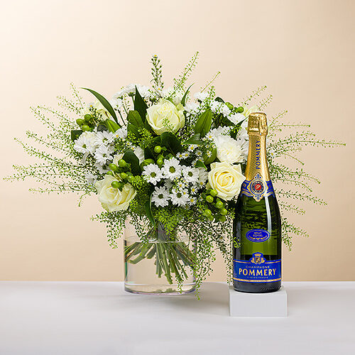 Brautstrauß „Simply White“ & Champagner „Pommery Brut Royal“