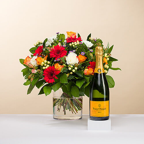 Bouquet des Tages mit Champagner Veuve Clicquot