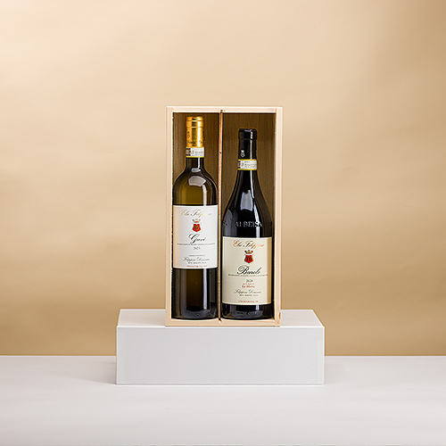 Duo italienischer Weine in einer Holzbox