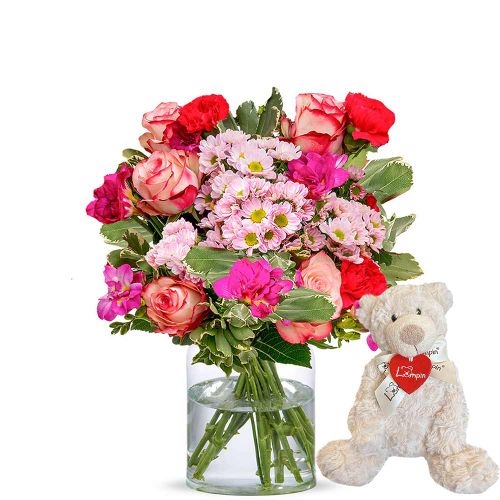 Wunderschöne rosa Blumen mit Teddybär (klein)